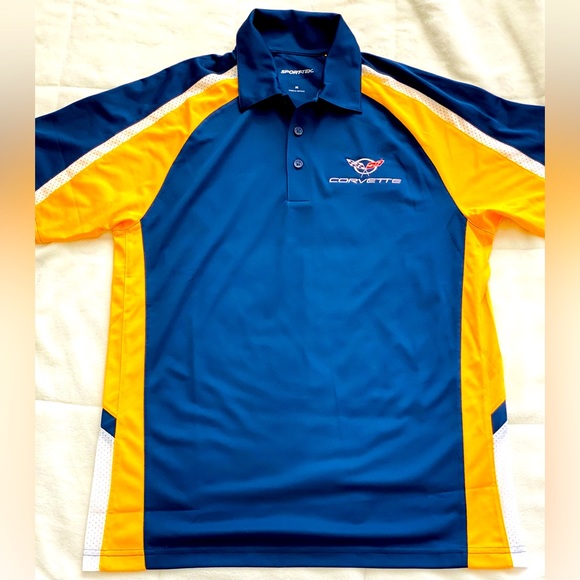 SportTek Shirts Mens Corvette Collar Shirt Navy Blue Yellow White